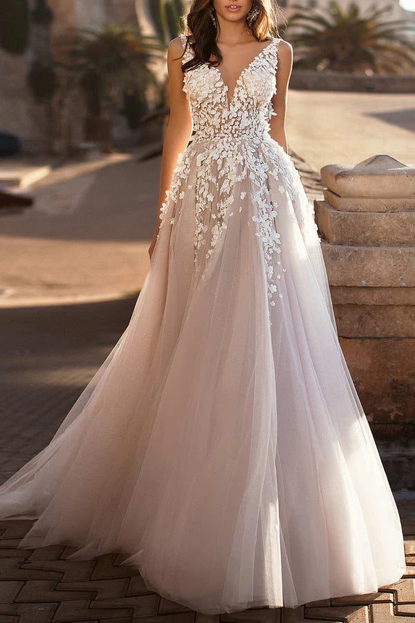 Abito da sposa casual in stile A Hall con adesivi in pizzo 3D sul collo, abito da sposa in stile rurale